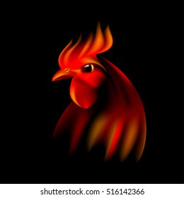 Fiery cock on a black background. Realistic flame rooster illustration. The symbol of the Chinese calendar 2017