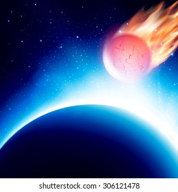 Fiery comet in atmosphere. View at meteor on his way to planet before strike. Vector design concept of worldwide cataclysm