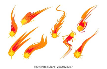 Fiery Comet and Shooting Star Collection. A collection of 8 fiery comets and shooting stars with glowing cores, dynamic flames, and bold celestial designs for cosmic-themed visuals