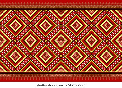 Vermelho-ardente,Étnica de pixel dourado,Padrão sem emenda,Padrão sem emenda,Vermelho-carmesim ,amarelo-dourado,étnico pixelado,motivos geométricos. Ideal para designs têxteis, vestuário, arte cultural