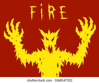 Fiery demon silhouette draws hands. Scary halloween character. Vector illustration.