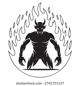 Fiery Demon Silhouette Surrounded by Flames, Evil Symbol, Fantasy Creature, Danger Concept