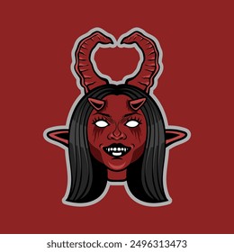 Fiery Demonic Female Mascot: A captivating illustration of a female demon with fiery red skin and horns, a mischievous grin, and piercing eyes. Her captivating design makes her ideal for branding