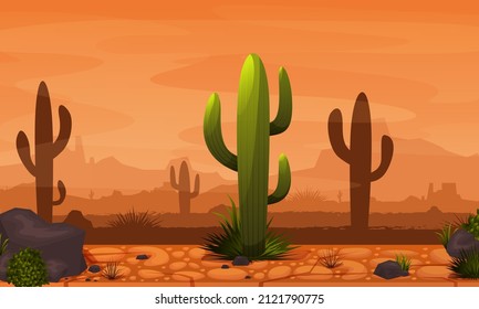 Fiery Desert Sunset. Desert landscape with rocks and cactuses. Arizona or Mexico hot sand desert with orange mountains. Summer western american landscape