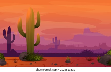 Fiery Desert Sunset. Desert landscape with rocks and cactuses. Arizona or Mexico hot sand desert with orange mountains. Summer western american landscape