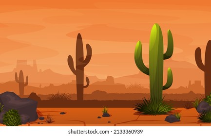 Atardecer feroz del desierto. Paisaje del desierto con rocas y cactús. desierto de arena caliente de Arizona o México con montañas naranjas. Paisaje veraniego de América Occidental