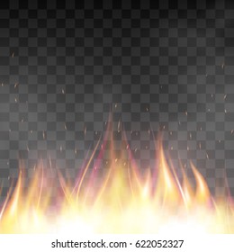 Fiery design template. Graphic element with flame, flaming bonfire. Realistic blazing campfire effect. Vector illustration of fire isolated on black transparent background