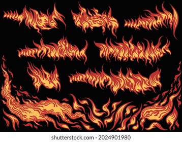 Fiery details. Design set. Editable hand drawn illustration. Vector engraving. Isolated on black background. 8 EPS