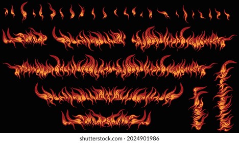 Fiery details. Design set. Editable hand drawn illustration. Vector engraving. Isolated on black background. 8 EPS