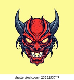 Fiery devil demon head with menacing gaze, perfect for bold graphic designs and dark-themed projects. Vector clip art illustration