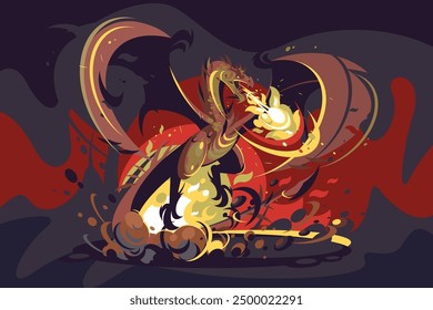 Fiery Dragon Breath. Vector illustration of a dragon breathing fire, showcasing its power and intensity.