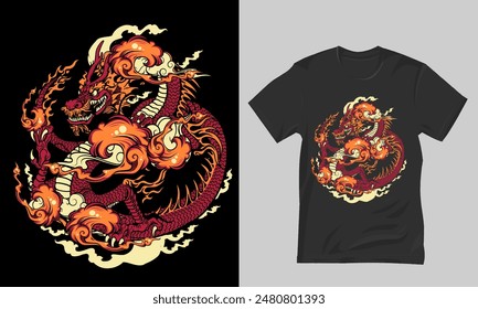 Fiery Dragon Embrace T-Shirt Design The dragon, illustrated with intricate details, showcases vibrant hues of red and orange, with flames emanating from its body, symbolizing its fierce and fiery natu