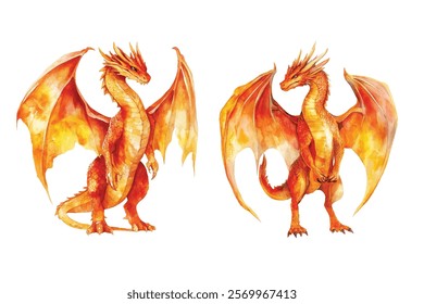 Fiery dragon illustration with vibrant orange and yellow hues, showcasing detailed scales and majestic wings. Perfect for fantasy themed projects, book covers, and game designs