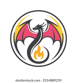 Fiery dragon logo design. Symbolic mythical beast, with fiery breath and spread wings, in a circular frame.  Conveys power, courage, and majesty.