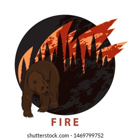 Fiery element. Bear coming out of a burning forest, taiga - round icon - isolated on white background - flat style - vector.