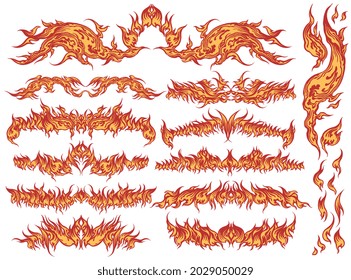 Fiery elements. Design set. Editable hand drawn illustration. Vector engraving. Isolated on white background. 8 EPS