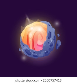 Fiery energy ball with shining and glowing. Vector isolated icon of magic or fantasy planet with plasma flowing. Game design or space theme decoration. Magma heat on surface of celestial body