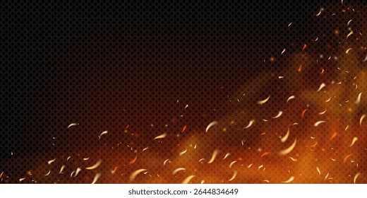 Fiery explosion background with burning embers, flying sparks and glowing flames. Dark smoky texture with orange and red heat effect. Dramatic, apocalyptic or magic fire scenes bg. Vector