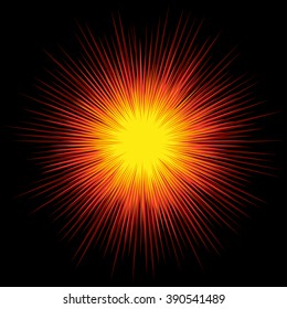 Fiery explosion boom on black background. Vector backdop or frame.