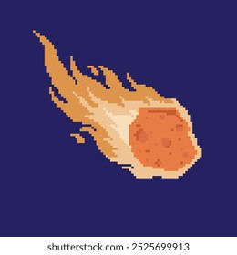 fiery falling meteor pixel art, vector illustration on isolated background.