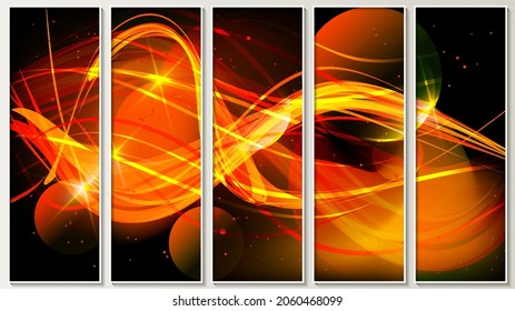 Fiery fantastic panel of five images in thin white frames. A beautiful panel for interior decoration, corporate designs, blogs, postcards, posters and your other projects. Vector.