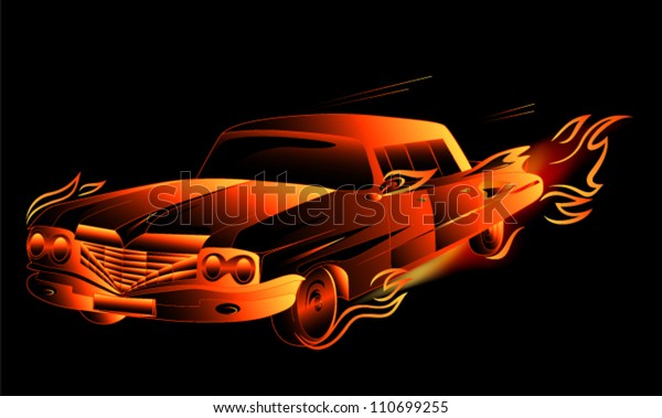 fiery fantasy retro stylized car\
vector illustration against black background\
(EPS10)