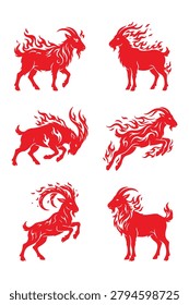 fiery fire goat symbol icon set