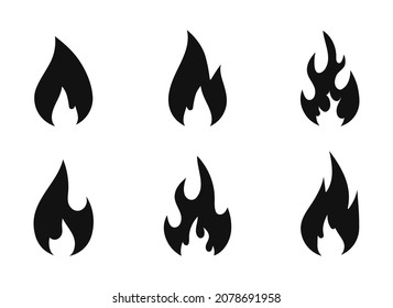 Fiery flame icon set. Fire vector icons. Hot flaming elements. Campfire pictogram. Simple icons. Design elements collection.