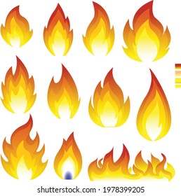 Fiery flame icon set. Orange fire vector icons. Hot flaming elements. Collection of fire icons