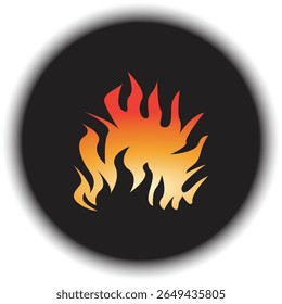 Icono de círculo negro de llamas ardientes, símbolo de fuego ardiente
