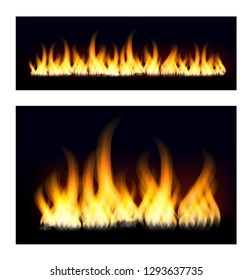 Fiery flames on a dark background. Fire bonfire. Vector illustration