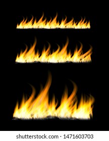 Fiery flames on a dark background. Fire bonfire. Vector realistic illustration