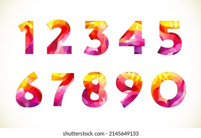 Fiery and flamy red number collection. Set of numbers. Creative stained glass typography. Isolated abstract graphic design template. Mosaic texture, coloured signs 1 - 10, up 0 to 9. Facet art style.