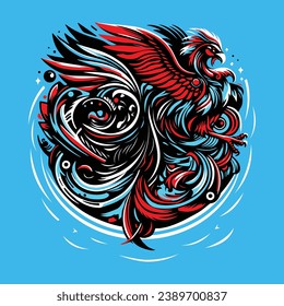 Fiery Flight of Fantasy: Vivid Red and Blue Phoenix Illustration auf dynamischem Sky-Blue Hintergrund - Mythische Kunst