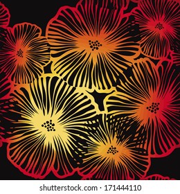 fiery flowers on a black background. seamless pattern