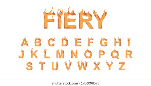 Fiery font. Burning text, inscription. Burning letters, English alphabet. Set of fire letters from A to Z vector graphics. Can be used for poster, print, postcard. Design, Calligraphy. Isolated 