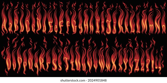 Fiery font. Design set. Editable hand drawn illustration. Vector engraving. Isolated on black background. 8 EPS