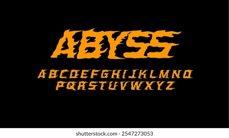 Fiery font, orange grunge vector typeface on a black background, featuring the word "ABYSS" and a full uppercase alphabet. Ideal for horror, Halloween, and edgy design projects