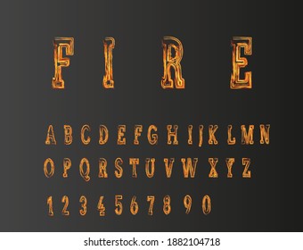 Fiery font. Stylish letters in fiery colors. Upper case, numbers. Vector.