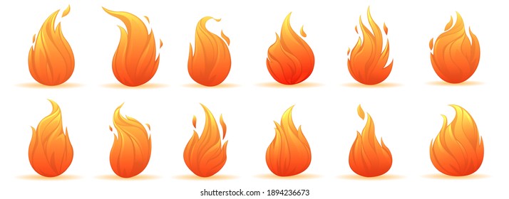 Formas feroces. Juego de llamas de fuego de fogatas rojas calientes de diferentes formas aisladas en un fondo blanco. Ilustración del vector