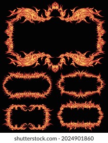 Fiery frames. Design set. Editable hand drawn illustration. Vector engraving. Isolated on black background. 8 EPS