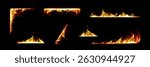 Fiery frames set - corner and line borders made of realistic flames. Burning fire effect, glowing red yellow blaze isolated on black background. Hot hellish inferno danger concept. Blazing banner.