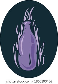 botella de vidrio de fiero, ilustración vectorial de una botella de vidrio que emite llamas moradas, para el logotipo de la mascota, diseño plano minimalista