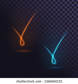 Fiery glowing checkmarks. Glowing loops: blue and orange. Abstract element