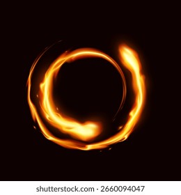 Feurig leuchtende Kreisgrafik. Hell orangefarbene und rote Flammen, die eine kreisförmige Form auf dunklem Hintergrund erzeugen. Symbol für Energie, Wärme, Kraft.