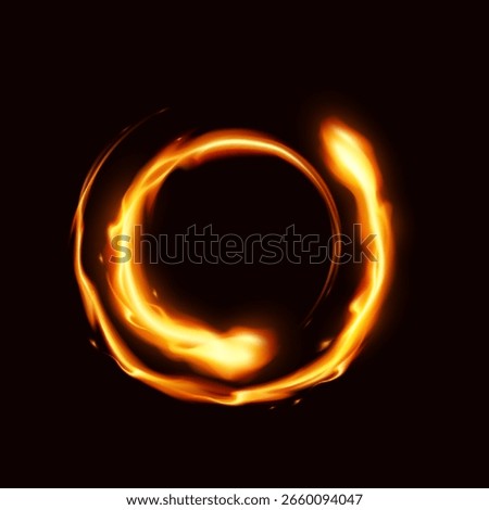 Fiery glowing circle illustration. Bright orange and red flames creating circular shape on dark background. Symbol of energy, warmth, power.