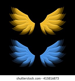 Fiery Golden and Blue Wings on Black Background. Vector