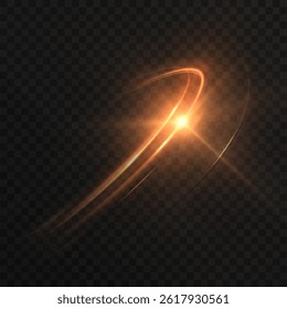 Fiery golden comet arc with glowing trail and starburst flare on transparent background.