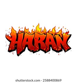 Fiery graffiti-style "HARAN" text with bold flames, perfect for T-shirt designs, hoodies, gaming logos, esports branding, merchandise, stickers, posters, and digital artwork.