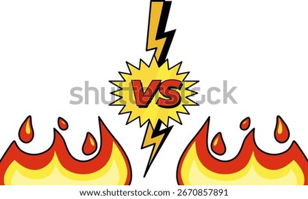 A fiery graphic depicts a dramatic VS showdown, complete with a powerful lightning bolt and stylized flames, conceptualizing a confrontation or competitive event